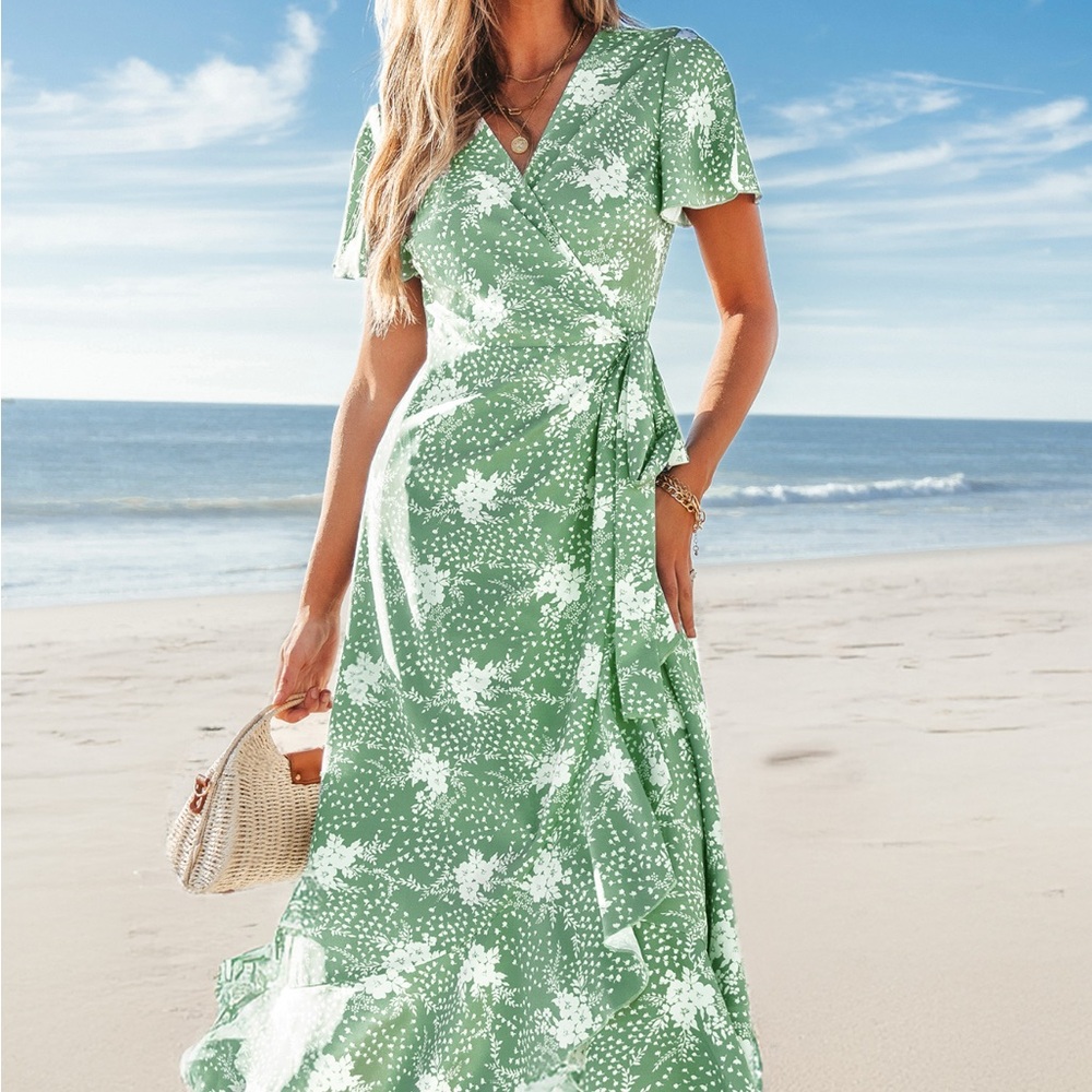 Cupshe Green High Low Wrap Dress with Flutter Sleeves